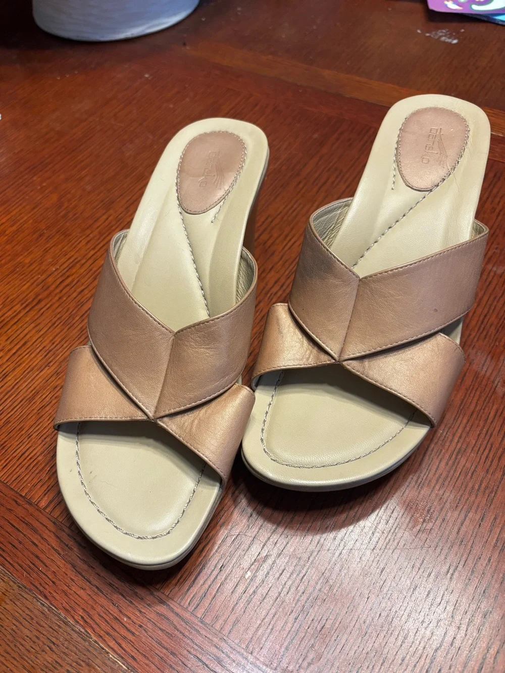 Dansko leather sandals 39 light brown khaki chunky platform slides comfort tan